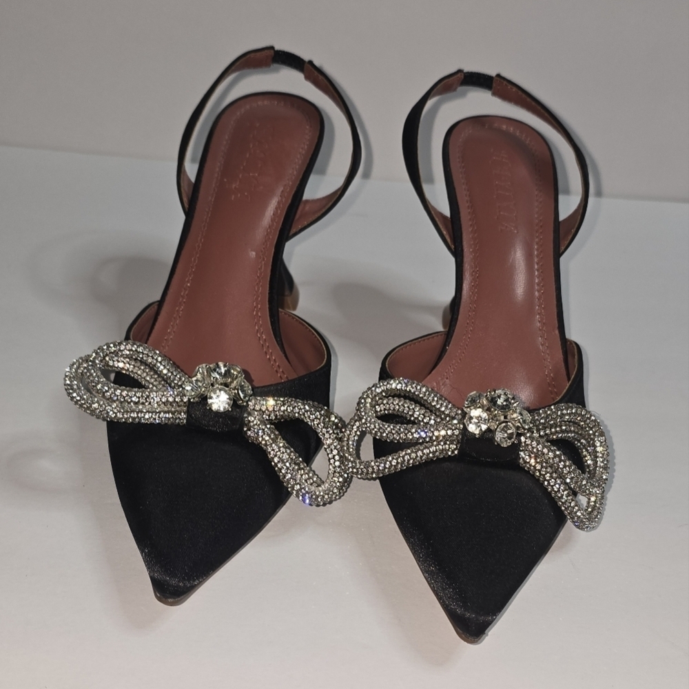 Hayixia Rhinestone Black Satin Heels w/Rhinestone Bow Size US 8 - Picture 2 of 6